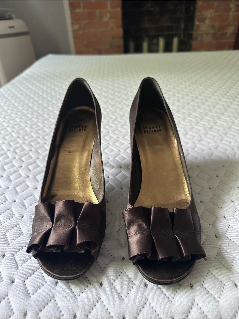Stuart Weitzman Brown Satin Peep-Toe Pumps with Ruffle Bow - Size 9.5